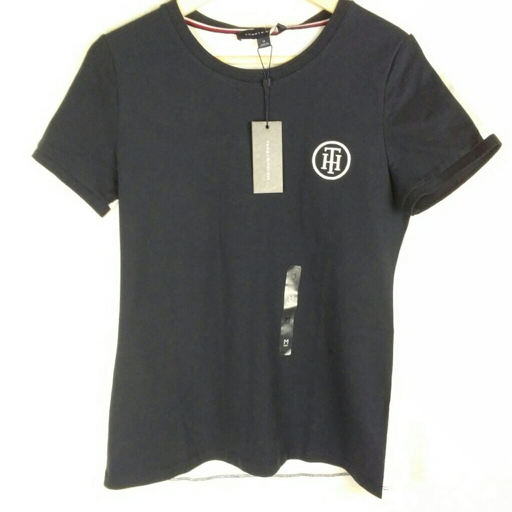 Tommy Hilfiger Crew Neck Graphic Tee Shirt Size M Navy Blue White
